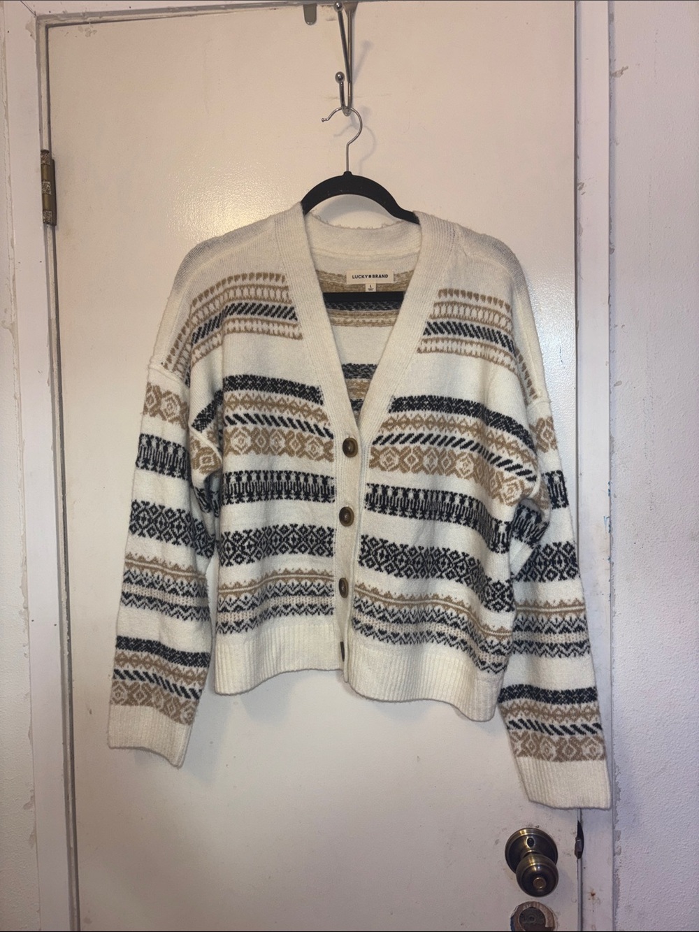 Lucky Brand Cream Striped Pattern Button-Front Cardigan